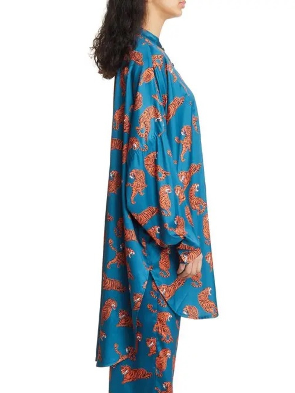 Dressed in LALA Tiger Tales Satin Oversized Button Down Shirt Teal Size Medium - Picture 2 of 16